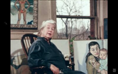 Alice Neel in front of paintings